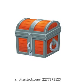 Chest treasure, cartoon closed wooden trunk box with iron or steel forgery elements and ring handles. Isolated vector case with pirate loot, royal treasury. Ancient coffer with gem stones ui game