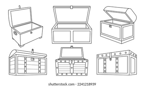 Chest treasure outline vector set icon. Vector illustration on wooden box of gold white background. Isolated vector outline set icon chest treasure.
