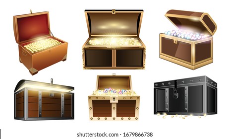 Chest treasure realistic vector set icon. Vector illustration on wooden box of gold white background. Isolated vector realistic set icon chest treasure.