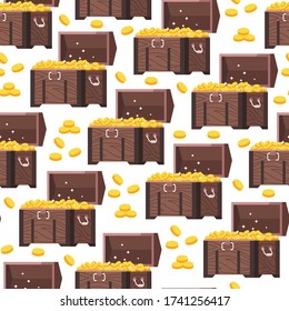 Chest with treasure seamless pattern on white. Wooden box with golden coins, wealth and finances. Abundance of medieval richness, old container with precious metals and cash. Vector in flat style