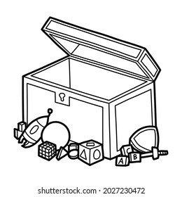 chest treasure toy box lineart vector illustration icon design template with doodle hand drawn style for education and coloring book