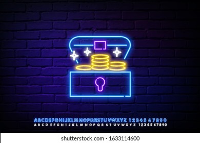 Chest with treasures neon sign. Pirates and adventure design. Night bright neon sign, colorful billboard, light banner. Vector illustration in neon style.