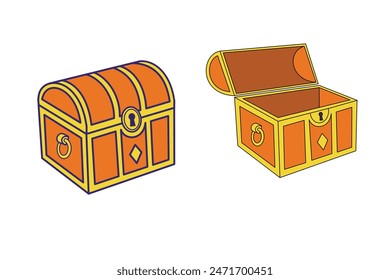 Chest vector illustration. Treasure box with chest with open and locked lid. Wooden pirate chest.	