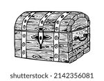 Chest, vector image, black and white monochrome element isolated on a white background. A pirate accessory. Hand drawing. EPS10