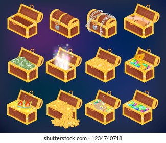 Chest Vector Treasure Box With Gold Money Wealth Or Wooden Pirate Chests With Golden Coins And Ancient Jewels Illustration Isometric Set Of Chested Treasury Box Isolated On Background