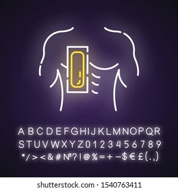 Chest waxing neon light icon. Male hair removal procedure. Depilation with natural soft, cold wax strip. Glowing sign with alphabet, numbers and symbols. Vector isolated illustration