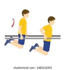 Chest workout. Exercise for arm and chest muscle building. Sport man training. Chest dip exercise. Isolated vector illustration in cartoon style