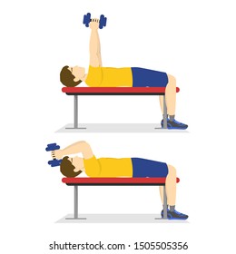 Chest workout. Exercise for arm and chest muscle building. Sport man training. Chest dip exercise. Isolated vector illustration in cartoon style