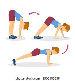 Chest workout. Exercise for arm and chest muscle building. Sport woman training. Isolated vector illustration in cartoon style