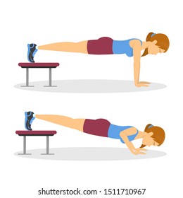 Chest workout. Exercise for arm and chest muscle building. Sport woman training. Isolated vector illustration in cartoon style