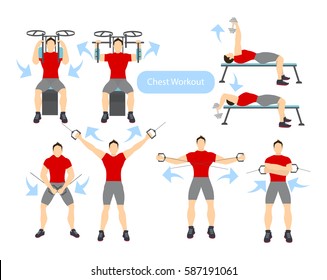 Chest workout set on white background. Exercises for men. Hard training.
