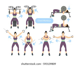 Chest workout set on white background. Exercises for women. Hard training.
