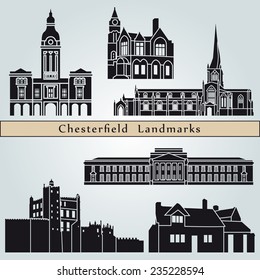 Chesterfield landmarks and monuments isolated on blue background in editable vector file