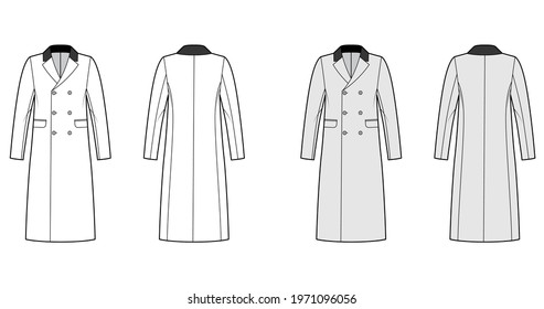 Chesterfield overcoat technical fashion illustration with double breasted, knee length, velvet notched collar. Flat jacket template front, back, white, grey color style. Women, men, unisex CAD mockup