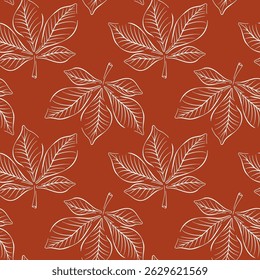 Patrón sin fisuras de la hoja del otoño del castaño en estilo del arte de la línea. Diseño para el Fondo de pantalla estacional, paquete un fondo rojo.