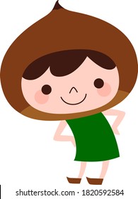 Chestnut character. Illustration of a child dancing happily with vegetable chestnut headgear.