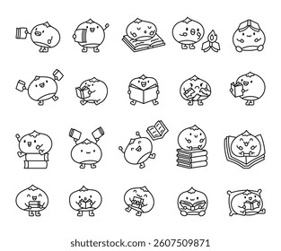 Chestnut character reads books with fun emotions holding gifts learning sitting sleeping thinking waving tearing giving smiling relaxing