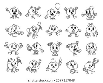 Chestnut character set with different emotions, accessories, and activities in a groovy retro cartoon style, bringing fun, charm, and creativity for yours various artistic and design projects.