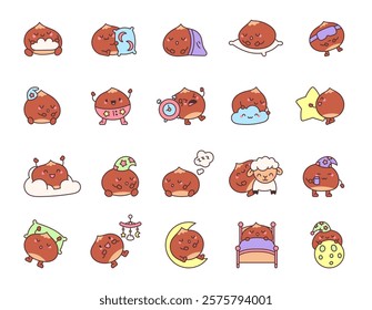 Chestnut character set with sleeping, relaxing, sitting, smiling, dreaming, resting, cozy poses for bedtime and night illustrations featuring various cute kawaii emotions and objects