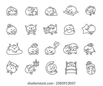 Chestnut character set with sleeping, relaxing, sitting, smiling, dreaming, resting, cozy poses for bedtime and night illustrations featuring various cute kawaii emotions and objects