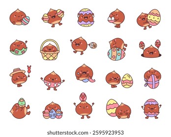 Chestnut easter set featuring adorable characters with eggs, baskets, and festive decorations, showing various emotions and cute poses in a charming holiday celebration for yours design projects