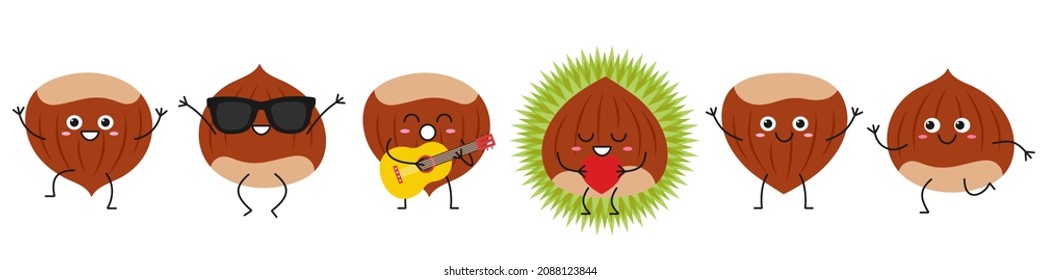 Chestnut edible greeting jumping loves sings running cute character cartoon emotions joy happy smiling face nut icon beautiful vector illustration.