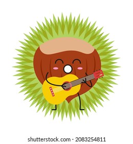 Chestnut edible plays the guitar sings cute character cartoon emotions joy happy smiling face nut icon beautiful vector illustration.