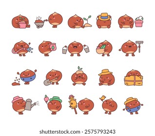 Chestnut and farm character set with gardening tools, plants, vegetables, and farming elements for agricultural work and harvesting activities in a cute kawaii cartoon style illustration