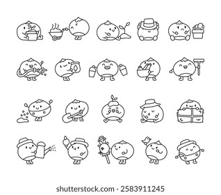 Chestnut and farm character set with gardening tools, plants, vegetables, and farming elements for agricultural work and harvesting activities in a cute kawaii cartoon style illustration