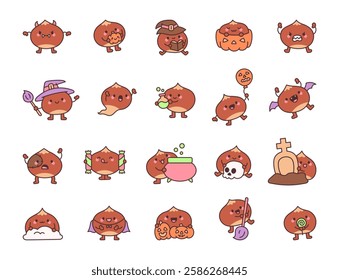 Chestnut halloween character set with spooky pumpkins, vampires with sharp fangs, ghosts, mysterious skulls and graves, bubbling potion, and festive balloons adding to the halloween spirit.