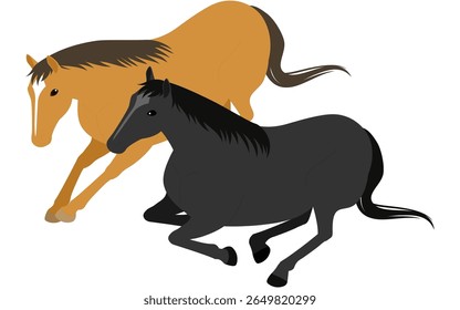 Um cavalo castanheiro e um cavalo negro descansando juntos, deitado lado a lado em uma postura calma e pacífica, Ilustração Vetorial