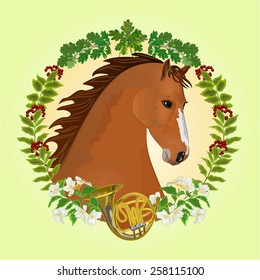 Chestnut Horse head of stallion leaves and french horn hunting theme vector illustration