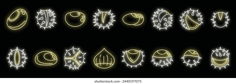 Chestnut icons set outline vector. Horse food. Autumn tree neon color isolated