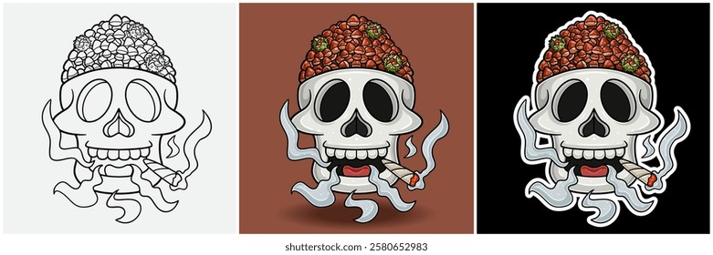 Chestnut Inside Skull Head With Smoking Character Cartoon. Black White, Colorful and Sticker Style. For T shirt print, Brand Logo, Label and Mascot product. Vectors Illustrations