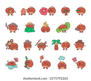 Chestnut jungle adventure set featuring cute kawaii cartoon characters exploring nature with animals, tropical plants, fun poses, and exciting activities for stock illustrations