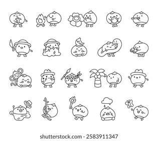 Chestnut jungle adventure set featuring cute kawaii cartoon characters exploring nature with animals, tropical plants, fun poses, and exciting activities for stock illustrations