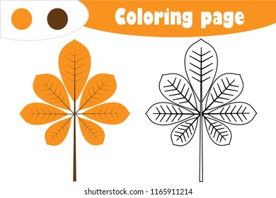 Chestnut leaf in cartoon style, autumn coloring page, education paper game for the development of children, kids preschool activity, printable worksheet, vector illustration