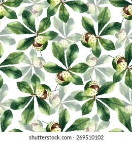 Chestnut leaf and walnut watercolor seamless pattern. Vector illustration.