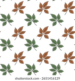 Chestnut leaves collection featuring autumn and summer foliage, seamless pattern. Nature-inspired design with organic motifs. For autumn events, holidays, eco-friendly and nature-themed projects