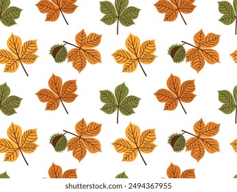 Hojas de castaño de diferentes colores. Patrón sin costuras con castañas de otoño en una rama con hojas. Vector ilustración botánica para textil, fondo, papel de embalaje, Fondo de pantalla, eps 10.