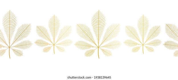 Chestnut leaves gold foil seamless vector border. Repeating nature autumn leaf horizontal pattern with faux metallic golden fall plants. Use for cards, banners, footer, autumn decor.