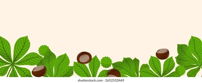 Hojas de castaño y frutos secos bordean sobre un fondo claro. Elementos de naturaleza dibujados a mano para tarjetas de temporada, Anuncios o diseños de temática ecológica. Espacio para texto en el centro
