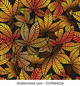 Chestnut leaves, overlapping, no white space. Vector seamless pattern.