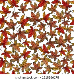 Chestnut leaves, random, overlapping, on white background. Vector seamless pattern.
