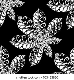 Chestnut Leaves. Seamless Pattern with Zentangle Elements. Black and White Rapport for Fabric, Textile, Wallpaper. Vintage Floral Pattern in Doodle Style.