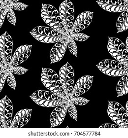 Chestnut Leaves. Seamless Pattern with Zentangle Elements. Black and White Rapport for Fabric, Textile, Wallpaper. Vintage Floral Pattern in Doodle Style.