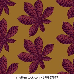 Chestnut Leaves. Seamless Zentangle Pattern with Bright Ornate Elements. Boho Abstract Pattern for Cloth, Swimwear, Dress, Linen. Colorful Seamless Texture in Trendy Colors.