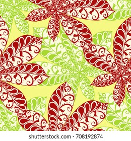 Chestnut Leaves. Seamless Zentangle Pattern with Bright Ornate Elements. Boho Abstract Pattern for Cloth, Swimwear, Dress, Linen. Colorful Seamless Texture in Trendy Colors.