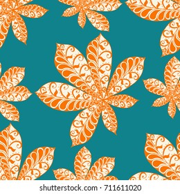 Chestnut Leaves. Seamless Zentangle Pattern with Bright Ornate Elements. Boho Abstract Pattern for Cloth, Swimwear, Dress, Linen. Colorful Seamless Texture in Trendy Colors.