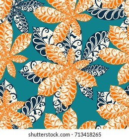 Chestnut Leaves. Seamless Zentangle Pattern with Bright Ornate Elements. Boho Abstract Pattern for Cloth, Swimwear, Dress, Linen. Colorful Seamless Texture in Trendy Colors.